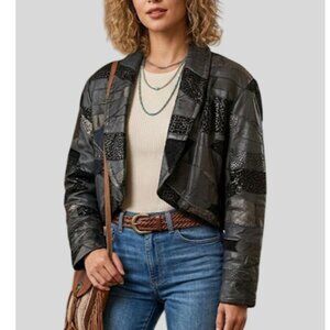 Vintage 90s Patchwork Mixed Media Leather Cropped Jacket - Black/Grey - Small